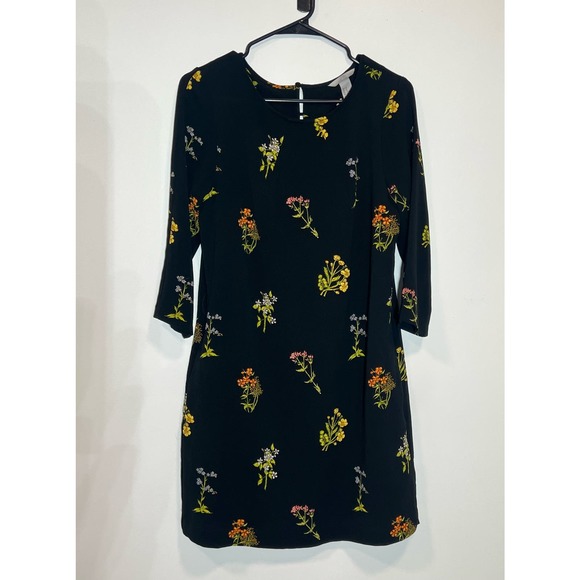 H & M Black Floral, 3/4 Sleeve Shift Dress, Size 10 - Picture 2 of 10